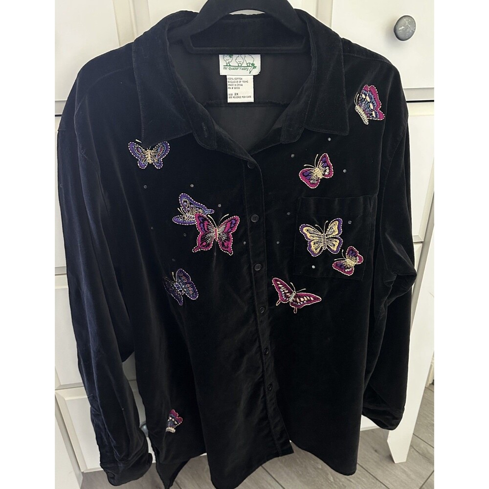 Y2K - Quacker Factory Black Velvet Butterfly Embroidered Shirt Top - 2X